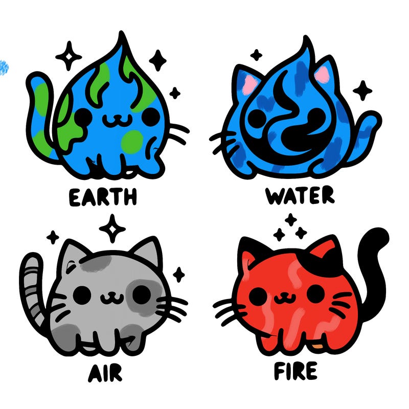 4 cats that represent the different elements, earth, water, air, and fire