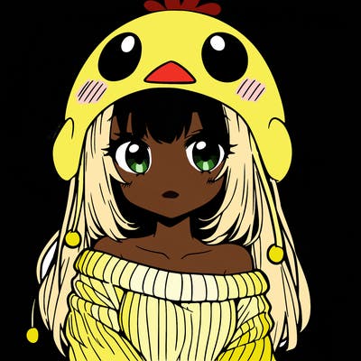 anime girl with chick shaped hat with sweater with bare shoulders with bangs covering them one eye with low tail