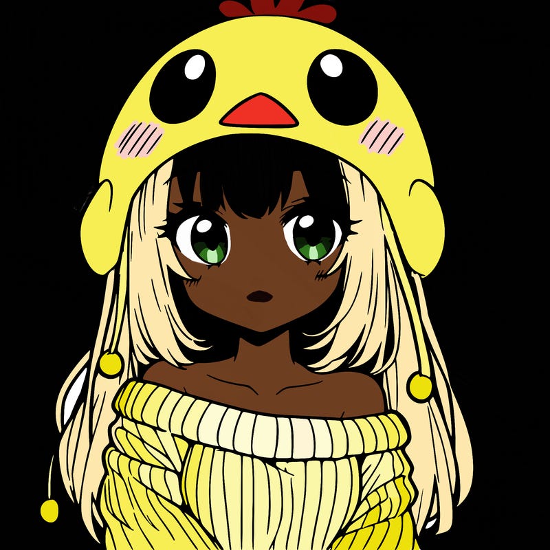 anime girl with chick shaped hat with sweater with bare shoulders with bangs covering them one eye with low tail