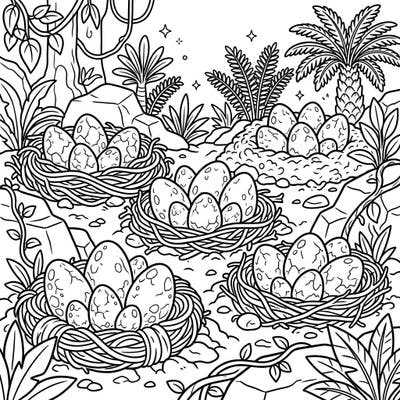 Dive into a prehistoric world where ancient secrets await discovery! This exciting coloring page features multiple dinosaur egg nests hidden amidst lush jungle foliage, perfect for young paleontologists.