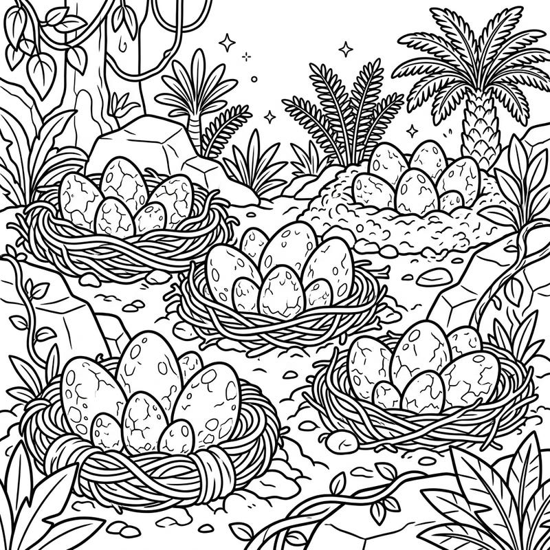Dive into a prehistoric world where ancient secrets await discovery! This exciting coloring page features multiple dinosaur egg nests hidden amidst lush jungle foliage, perfect for young paleontologists.