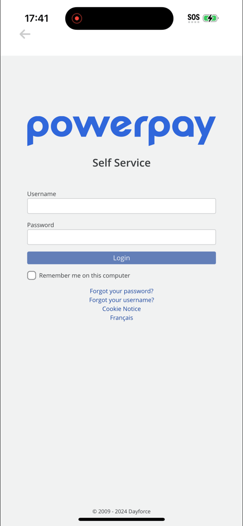 Login screen for Powerpay Self Service app featuring fields for username and password