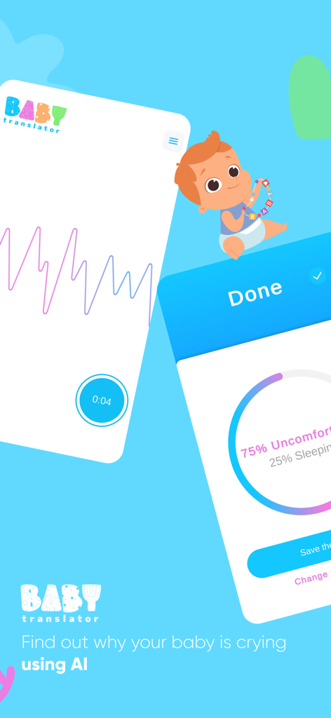 Screenshot of Baby Translator app showing AI analysis of a baby cry with results indicating discomfort levels.
