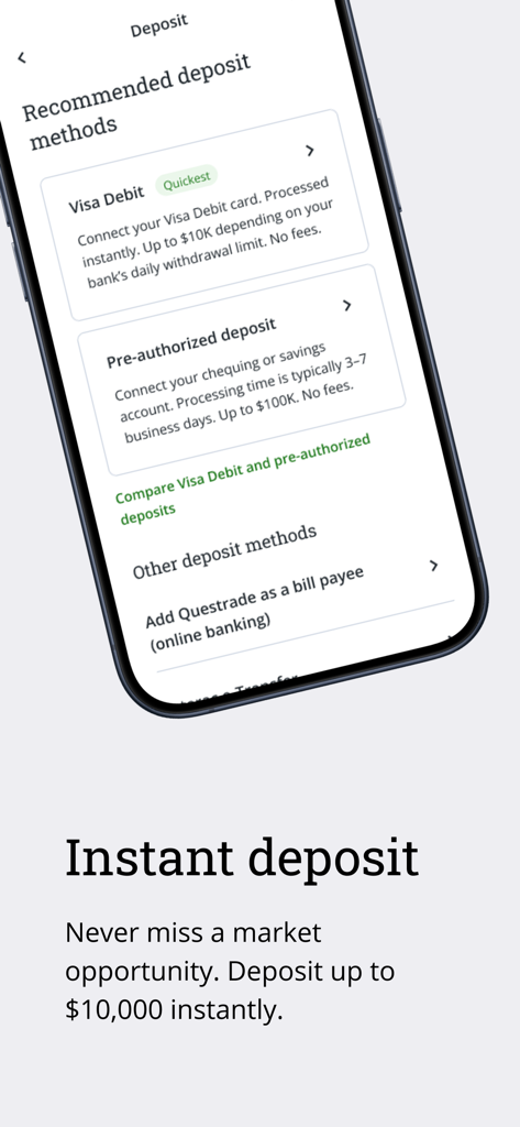 QuestMobile app interface showing instant deposit methods including Visa Debit and pre-authorized deposit options.