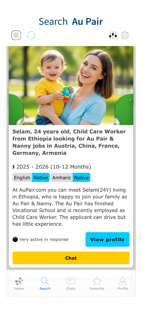 AuPair.com - AuPair.com mobile app screenshot showing an au pair candidate profile with photo and contact buttons