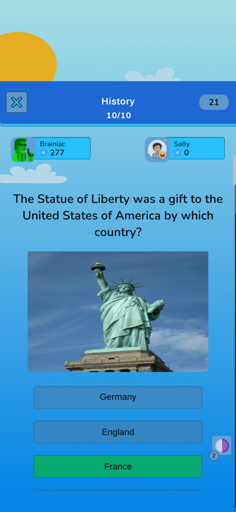 Une question de trivia historique sur la Statue de la Liberté dans l'application multijoueur Quiz de connaissances sur les États-Unis.