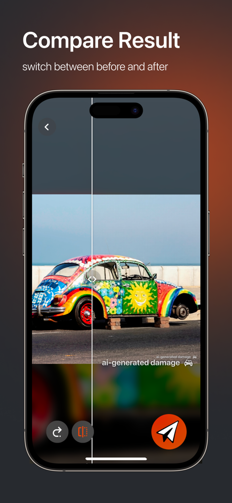 carBREAK: Car Damage Prank - Smartphone screen showing a comparison slider of a colorful car with AI-generated damage effects