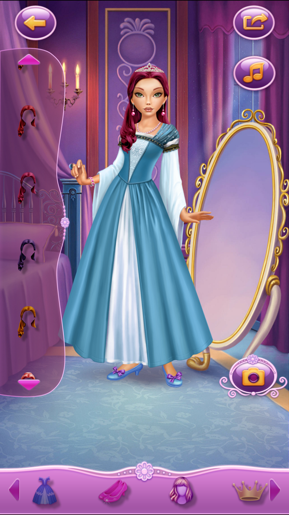 Dress Up Princess Anne - A princess character wearing a blue and white gown with a crown in a royal bedroom setting