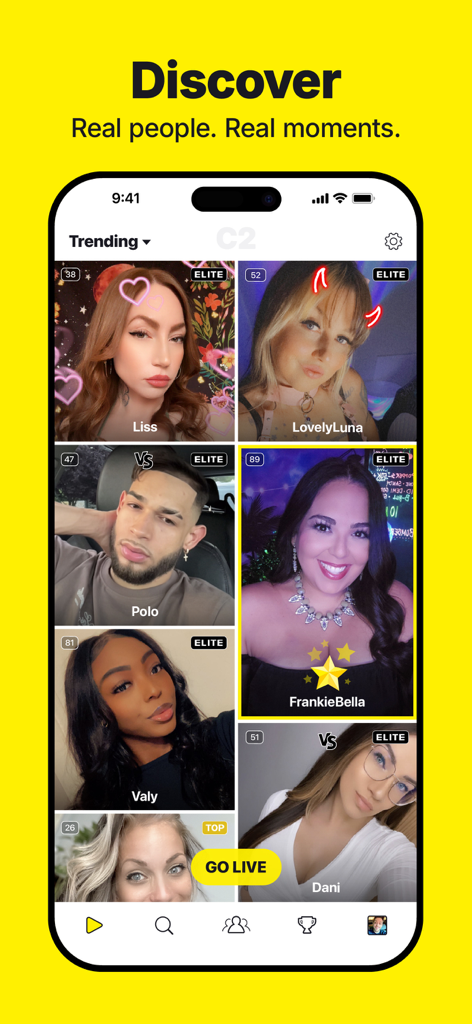 C2 Live app discover screen featuring a grid of trending live creators and an elite roster