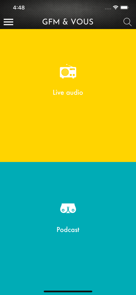 GFM & Vous - GFM and Vous app interface showing sections for live audio and podcasts