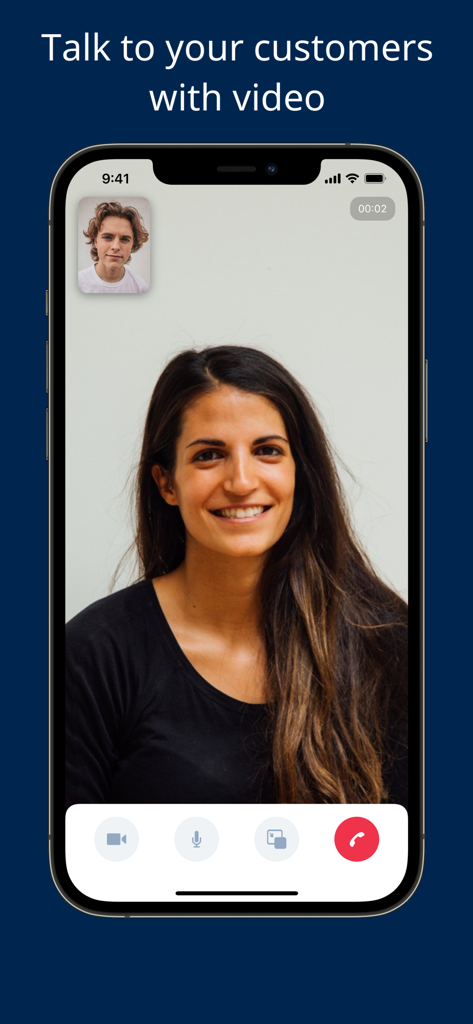 A smartphone screen displaying a live video call between a support agent and a customer using the Crisp helpdesk app.