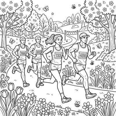 Lace up your imaginary running shoes with this dynamic coloring page featuring marathon runners speeding through a beautiful spring landscape. Perfect for sports enthusiasts and nature lovers, it captures the joy of outdoor activity and seasonal renewal.