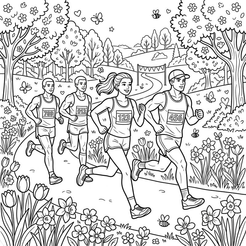 Lace up your imaginary running shoes with this dynamic coloring page featuring marathon runners speeding through a beautiful spring landscape. Perfect for sports enthusiasts and nature lovers, it captures the joy of outdoor activity and seasonal renewal.