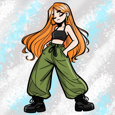 girl in baggy pants crop top and long hair