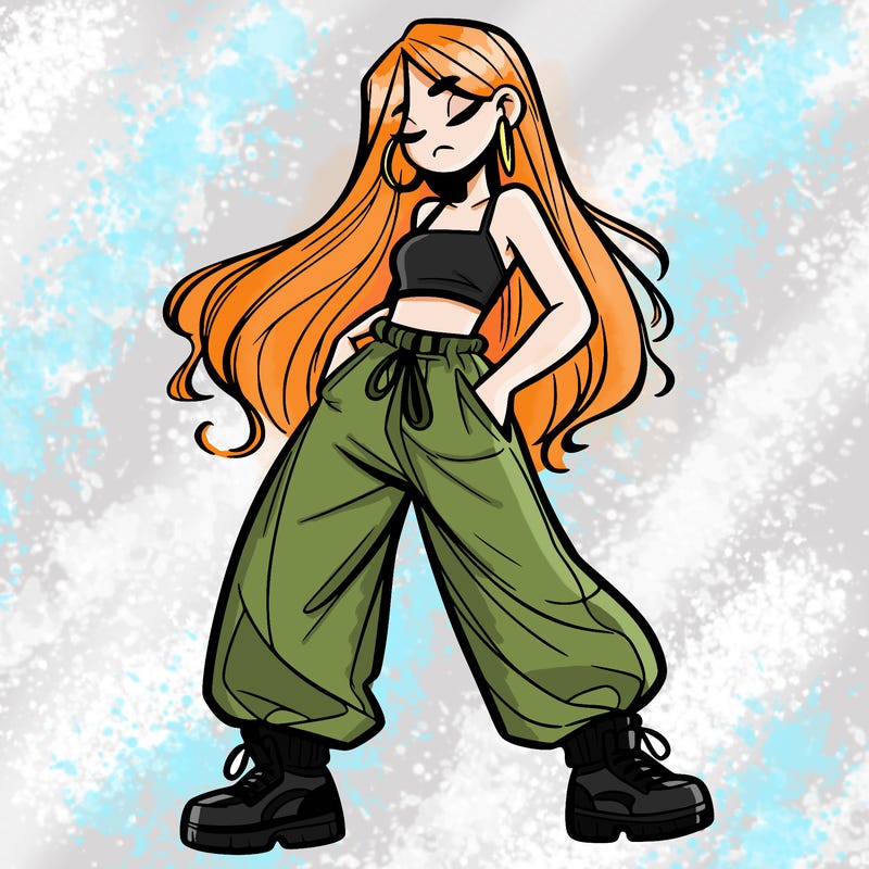 girl in baggy pants crop top and long hair