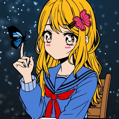 girl with a butterfly on her finger in anime