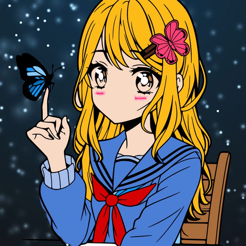 girl with a butterfly on her finger in anime