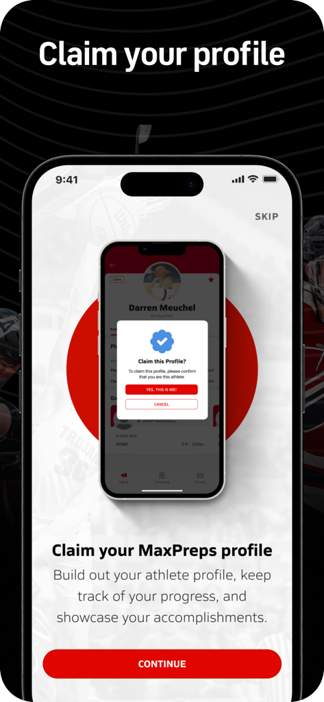 A mobile screen for the MaxPreps app where athletes can claim and verify their high school sports profile