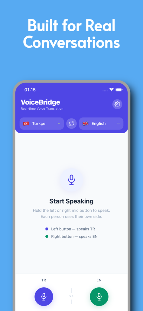 VoiceBridge: Voice Translator - VoiceBridge app interface for two-way voice translation with dedicated microphone buttons for real-time conversations between Turkish and English speakers