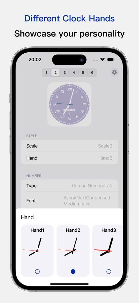Interface de l'application MyClock montrant différents styles d'aiguilles d'horloge pour les widgets personnalisés.