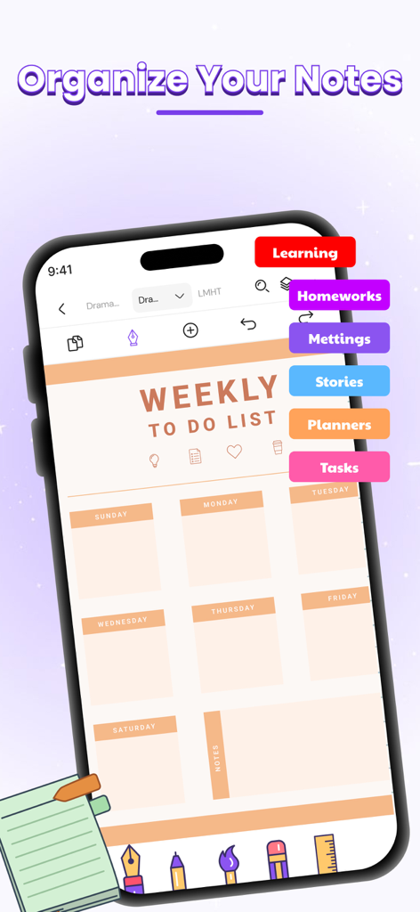 Scribly: Easy Note Taking - Scribly app screenshot showing a weekly to do list with colorful category labels.