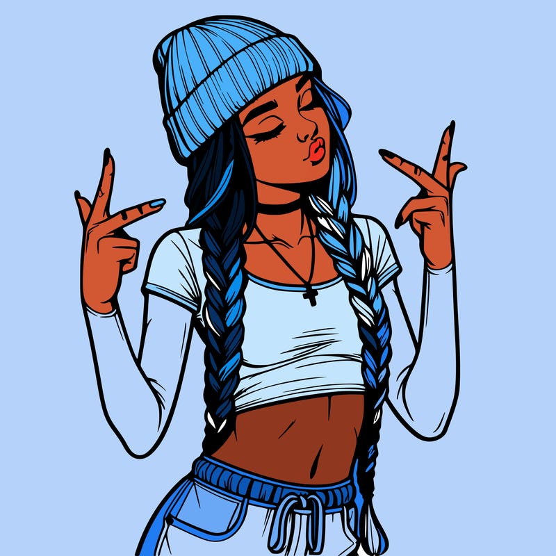 realistic teenage girl with braids and a beanie and crop top doing 🫶🏼