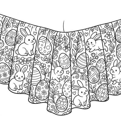 Celebrate Easter with this charming coloring page featuring a decorative bed skirt adorned with festive spring elements. Discover playful bunnies, intricately patterned eggs, and delicate blossoms ready for your artistic touch.