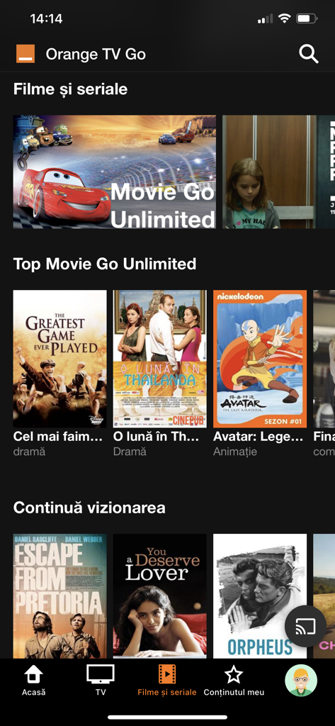Orange TV Go - Interface do aplicativo Orange TV Go exibindo coleções de filmes e séries em um dispositivo móvel