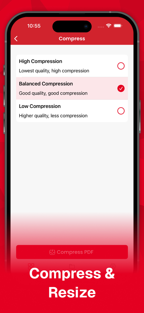 Screenshot of the PDF compression settings screen showing options for high balanced and low compression quality