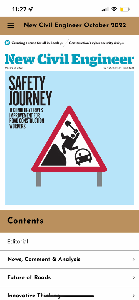 New Civil Engineer app interface showing the October 2022 issue cover on road construction safety technology