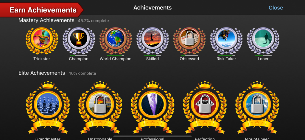 Schermata dei risultati nell'app Euchre 3D che mostra badge di maestria e ricompense d'élite