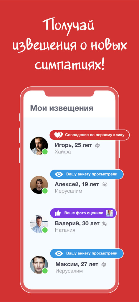 Click4.co.il - Знакомства - Interface de l'application de rencontre Click4 montrant une liste de notifications utilisateur, y compris les correspondances et les vues de profil.