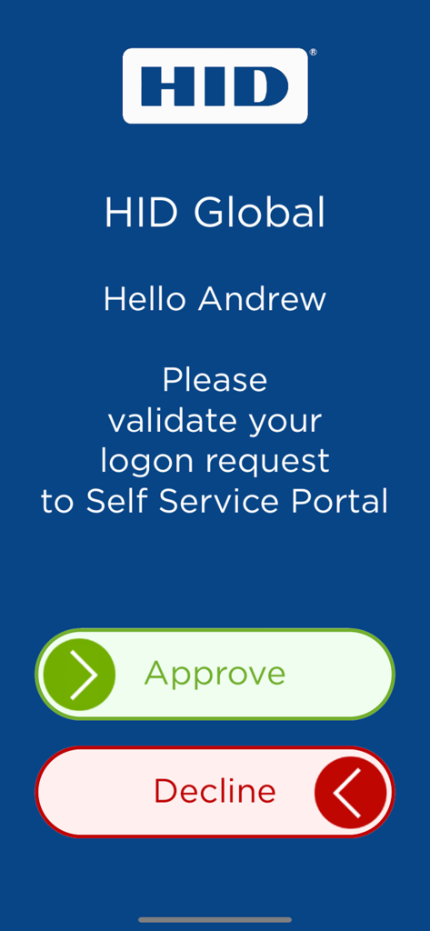 HID Approve app screen showing a logon validation request with approve and decline swipe buttons.
