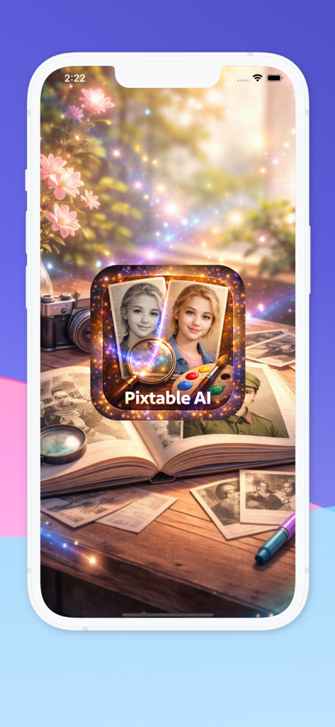 Aplicación móvil Pixtable AI mostrando una foto antes y después de la colorización