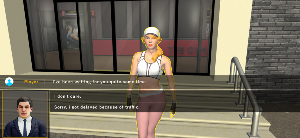 Una escena de diálogo de personajes en Gym Simulator Fitness Tycoon que muestra a un jugador interactuando con un PNJ fuera del gimnasio