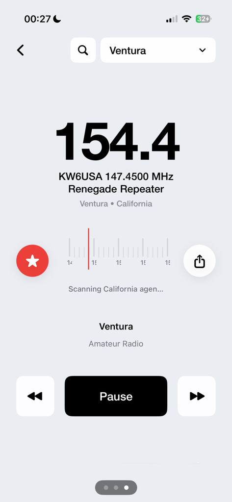 Police radio scanner app interface showing amateur radio frequency for Ventura California