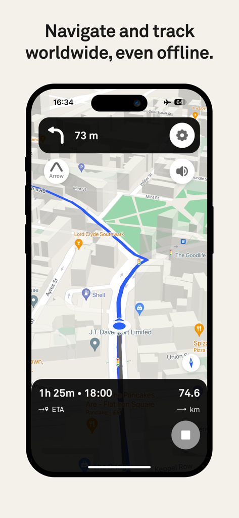 Pantalla de la aplicación de navegación para bicicletas Beeline que muestra indicaciones paso a paso y estadísticas del viaje en un mapa de la ciudad