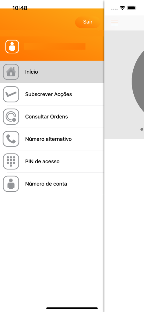 BCI Trading - Navigation menu of the BCI Trading app with options for stock subscriptions and account details