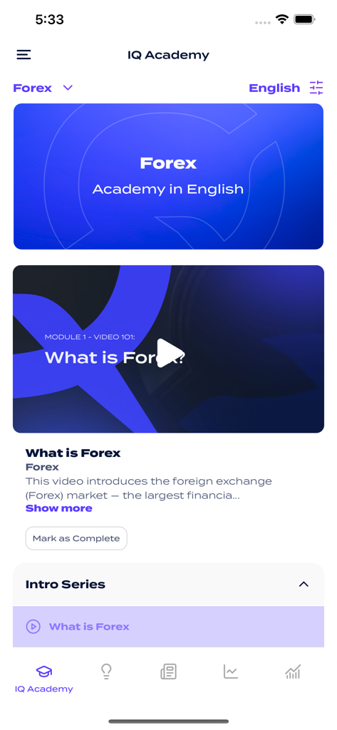 IQ Academy screen featuring a video lesson on the basics of Forex trading.