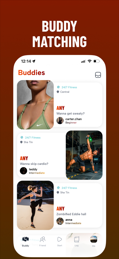 A mobile app interface from GYMRAT showing different user profiles for buddy matching
