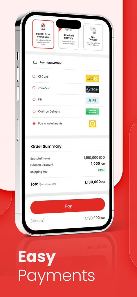Electro Mall - Checkout screen of Electro Mall app showing local payment methods and delivery options