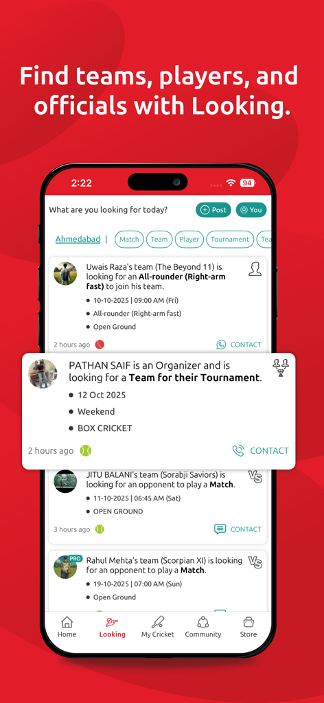 CricHeroes app screen showing the Looking feature for finding cricket teams and players