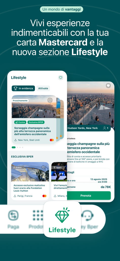 The Lifestyle section of the BPER app showing exclusive Mastercard Priceless travel experiences.