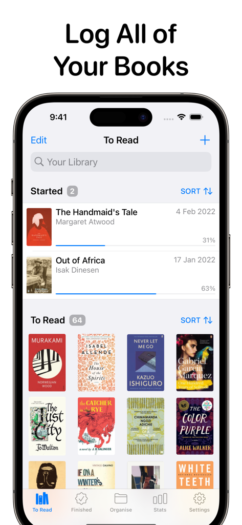 Reading List: Book Tracker - Interface of the Reading List book tracker app showing currently reading books with progress bars and a library of books to read