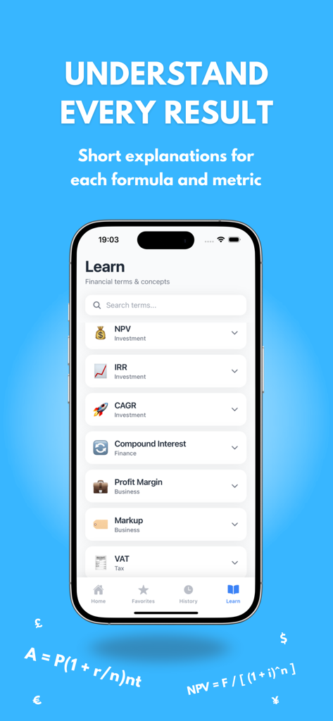 Compound Interest Calculator # - A mobile app screen showing the Learn tab with explanations for financial terms like NPV, IRR, and CAGR.