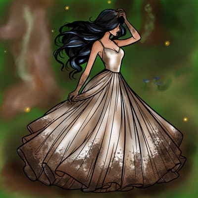 realistic woman with dress flowing in the wind