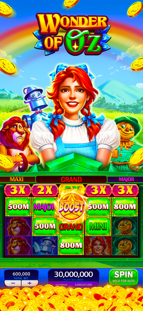 Pantalla del juego de máquina tragaperras temática Wonder of Oz con Dorothy y monedas de oro cayendo