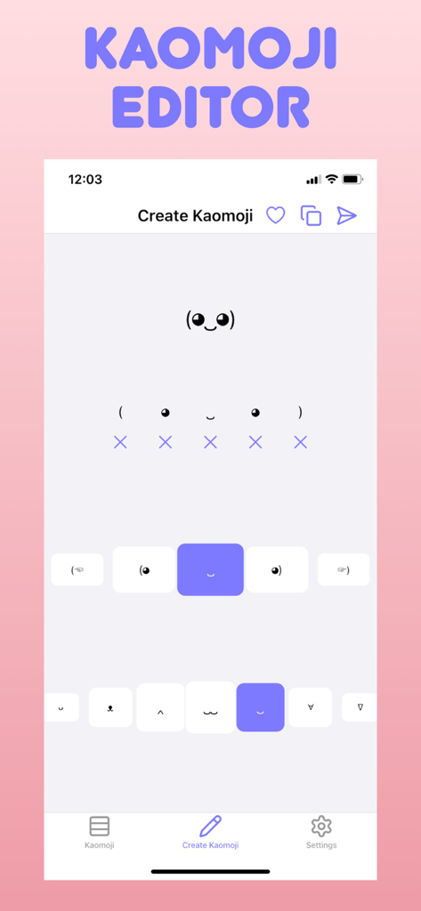 Interface for creating a custom Japanese emoticon within the Kaomoji app