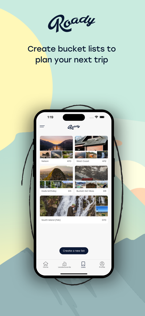 Roady - A mobile screen from the Roady app showing several travel bucket lists with scenic nature photos like waterfalls and mountains