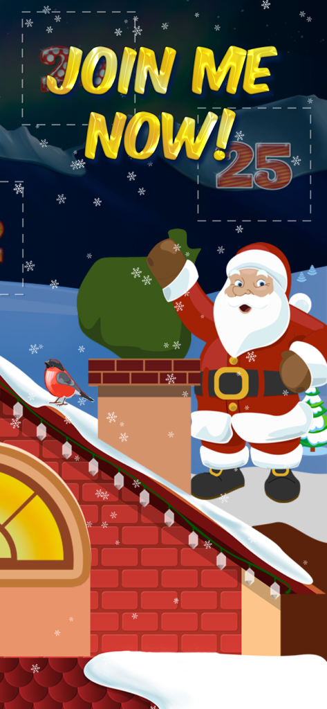 25 Days of Christmas 2025 - Santa Claus standing on a snowy rooftop with a green gift bag in a festive advent calendar interface.